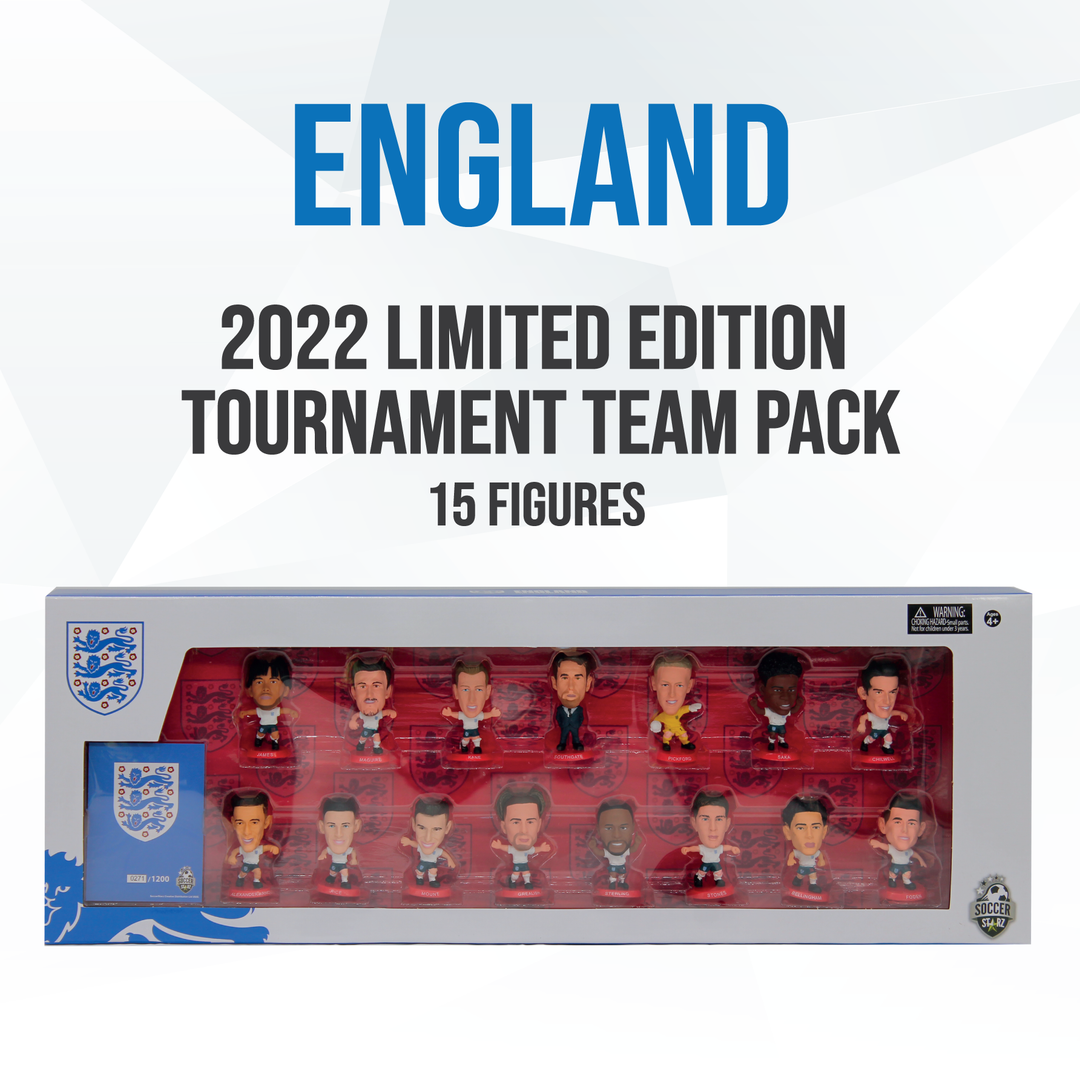 Packaging for Soccerstarz England Team Pack 15 Figure, featuring various collectible figures of English football players in a box with a red base.